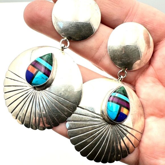 Native American Hallmarked NTP Womans Earrings Sterling Silver Turquoise Huge 3" - Picture 1 of 7